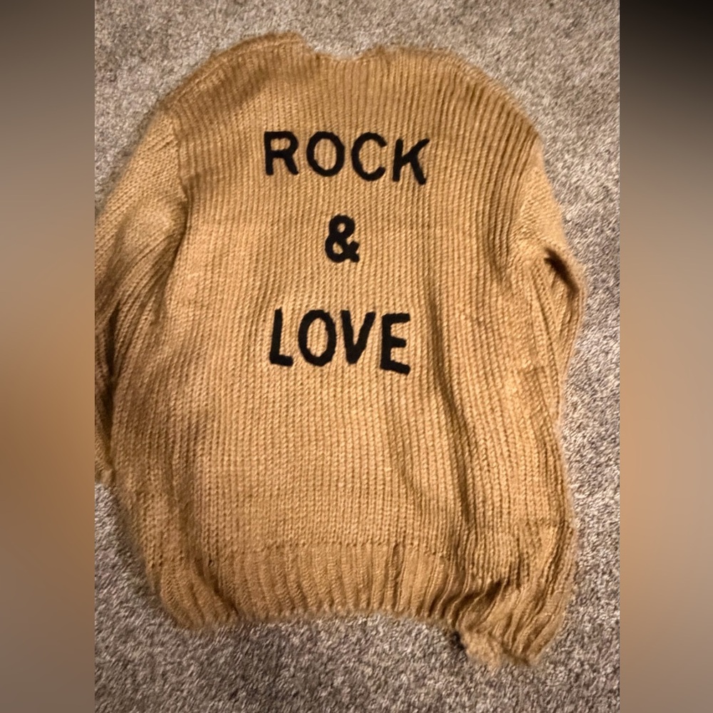 NWOT - PrettyGarden Tan Sweater with Black 'Rock & Love' Text